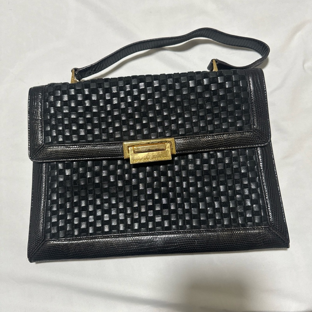 Adrienne Vittadini Black and Gold Shoulder Bag with Perforated Design